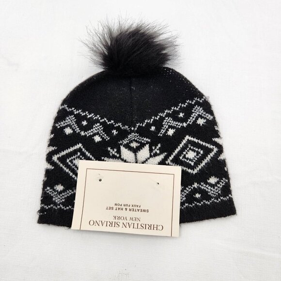 New Christian Siriano Winter Beanie Black White Snowflakes Pom Pom Super Soft - Picture 1 of 4